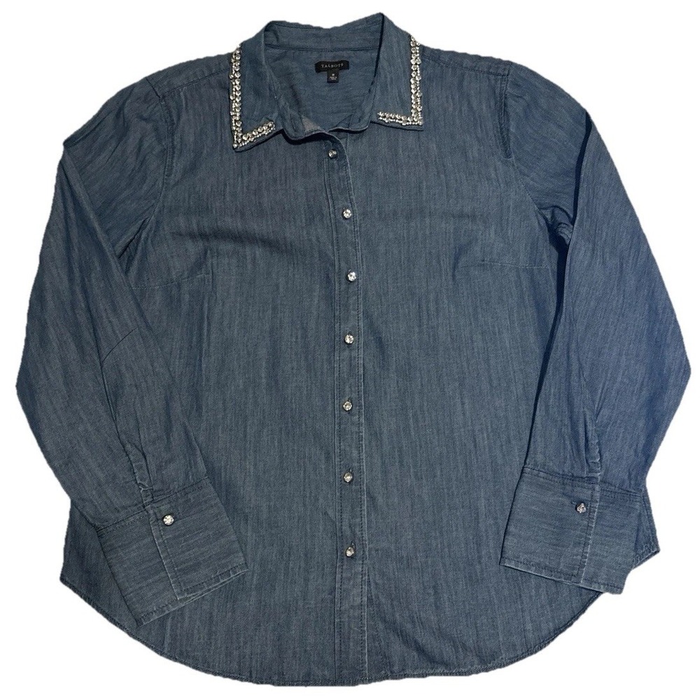 Talbots Denim Shirt with Rhinestone embellished collar and Buttons Size medium